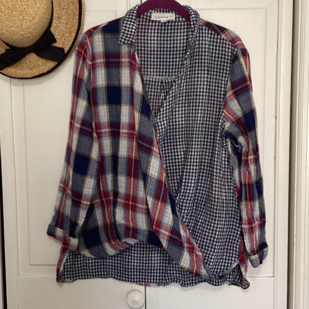 SD Collection Blue and White Plaid wrap colored blouse. 100% cotton!